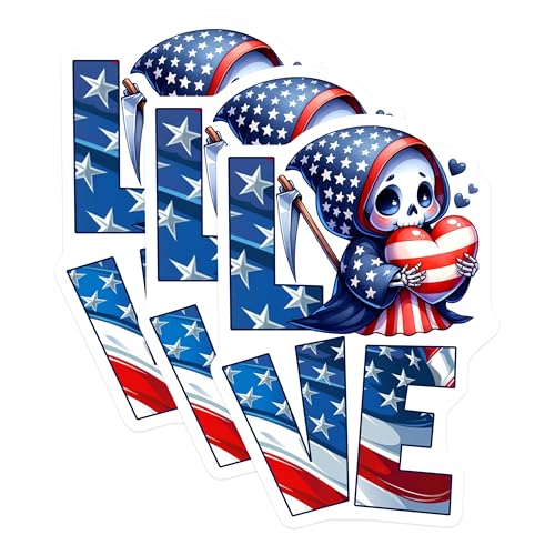 (3 Pack) Patriotic Grim Reaper Decals - American Flag - Love Decals - 3 Inches On Longest Side - Easy Peel & Apply - Made in USA - 3MCS6679
