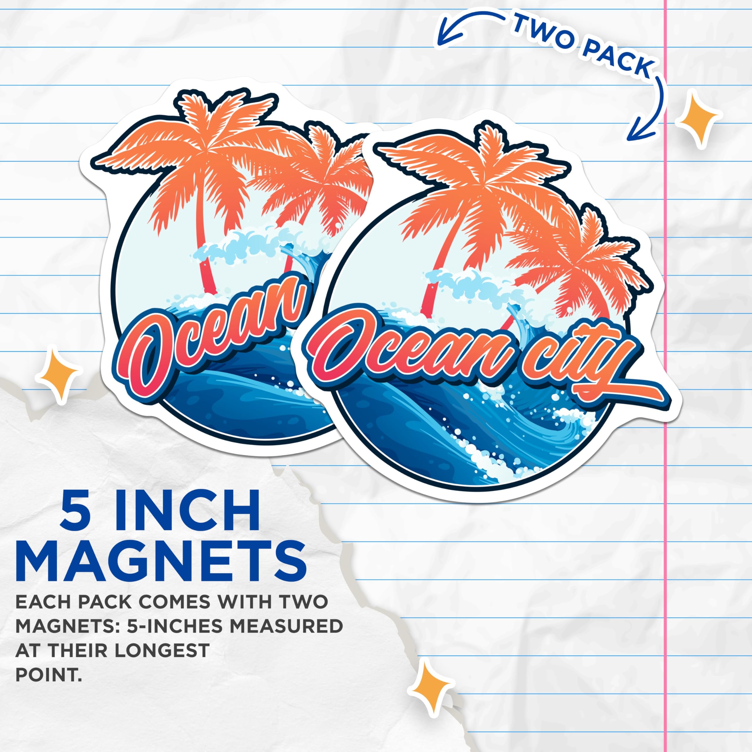 (2 Pack) Ocean City Magnets - Maryland Beach Souvenir - Tropical Palm Tree Waves Coastal Decor - 5 Inches On Longest Side - Thick Durable Magnet - Made in USA - MAG19478