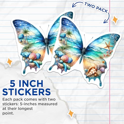 (2 Pack) Beach Butterfly Stickers - Coastal Nature Sticker - Sea Life Adventure Sticker - 5" On Longest Side - Sticks to Smooth Flat Surfaces - Made in USA - BMCS6716
