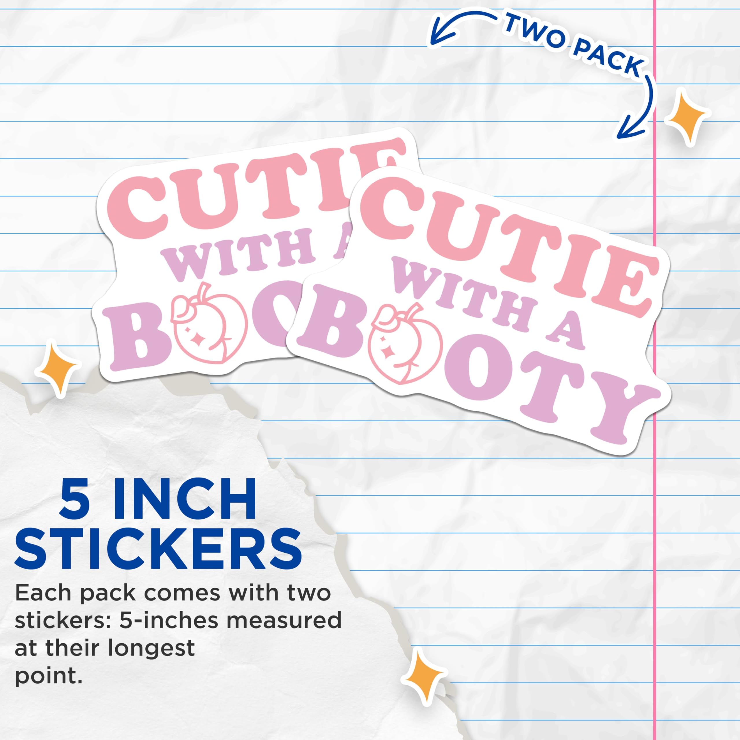 (2 Pack) Cutie with a Booty Stickers - Fun Quotes Stickers - Cute Phrase Sticker Decals for Laptops Journals - 5" On Longest Side - Sticks to Smooth Flat Surfaces - Made in USA - BMCS3794