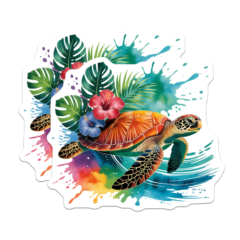 (2 Pack) Colorful Sea Turtle Magnets - Island Ocean Decor - Hibiscus Monstera Art - 5 Inches On Longest Side - Thick Durable Magnet - Made in USA - MAG23191