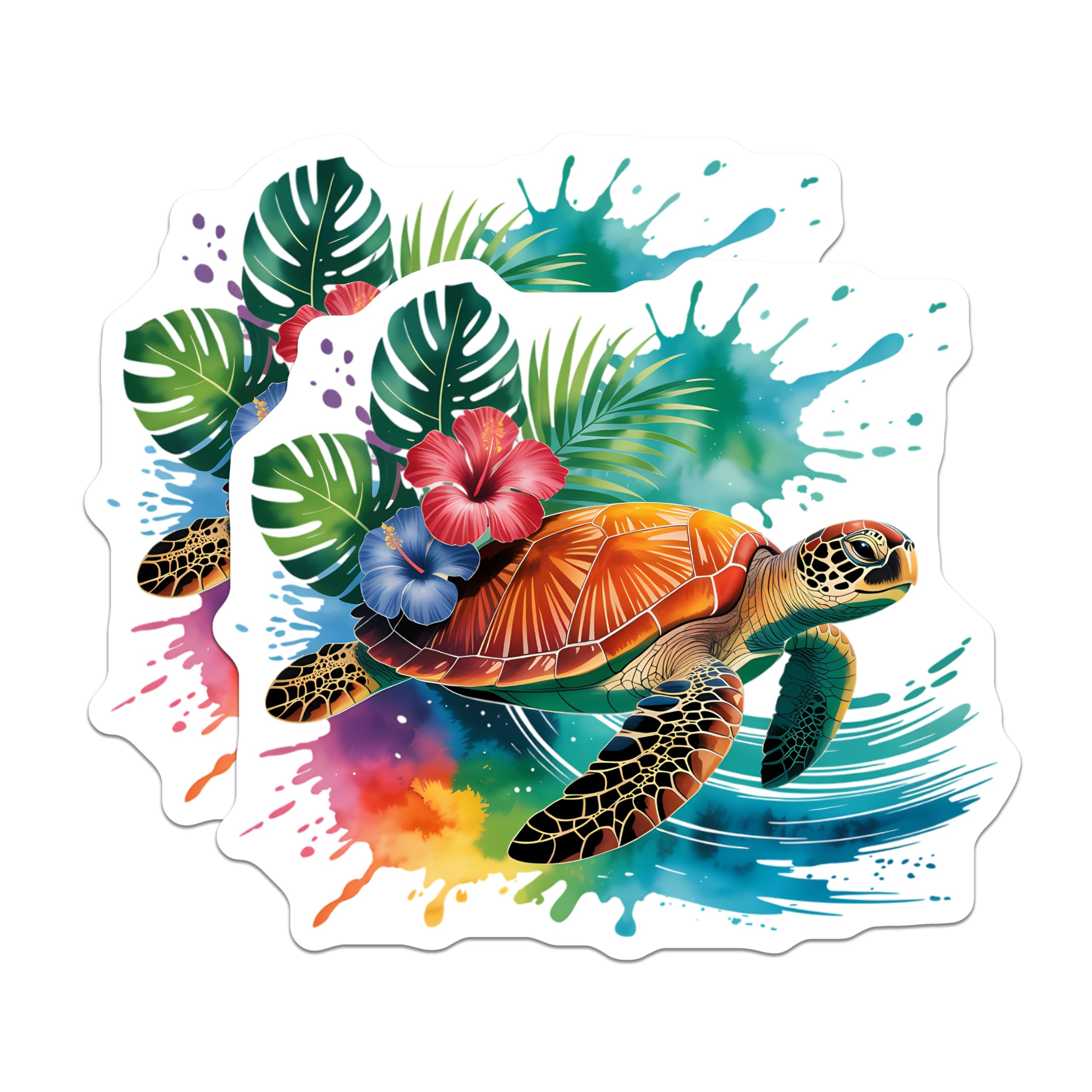 (2 Pack) Colorful Sea Turtle Magnets - Island Ocean Decor - Hibiscus Monstera Art - 5 Inches On Longest Side - Thick Durable Magnet - Made in USA - MAG23191