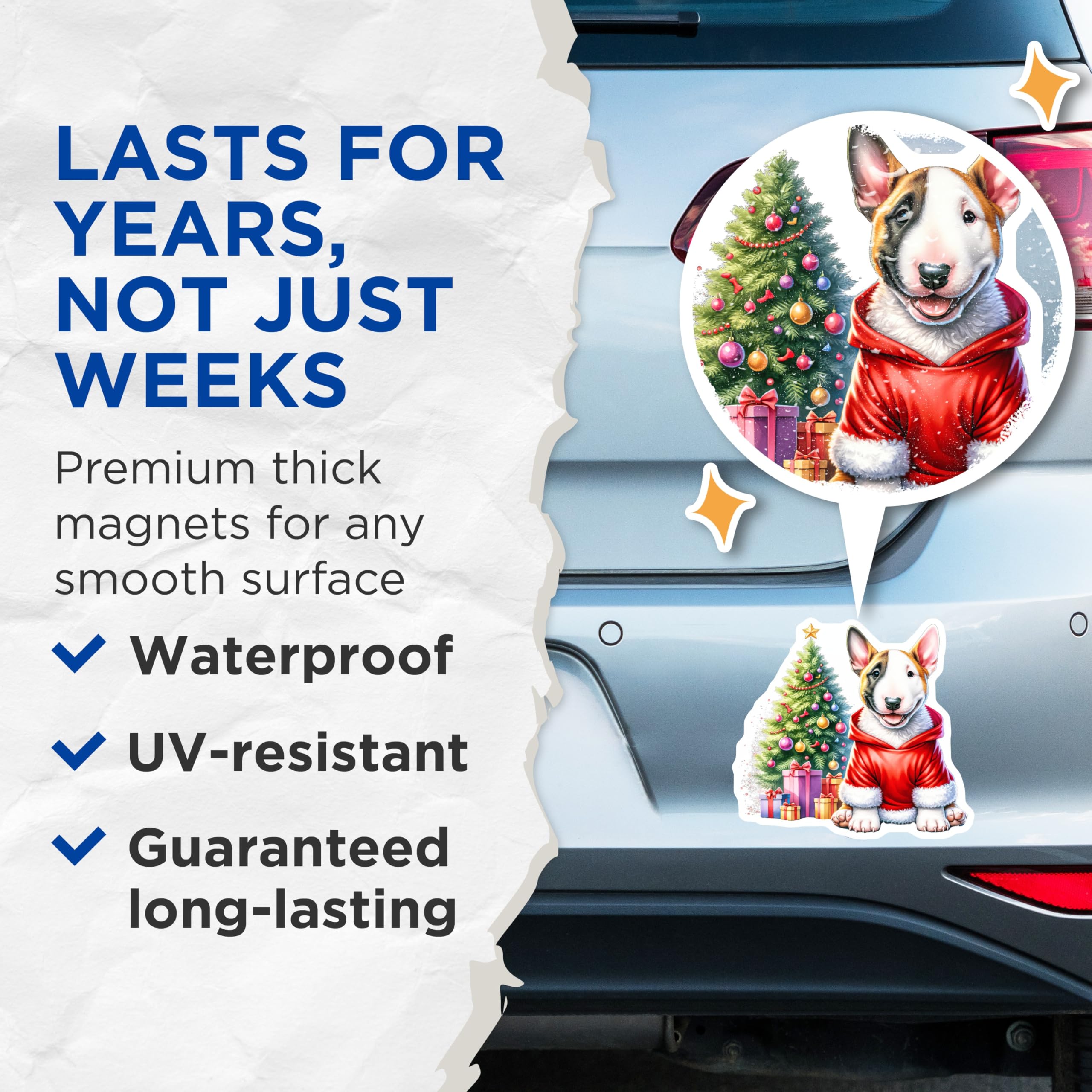(2 Pack) Bull Terrier Christmas Dog Magnets - Holiday Pet Decor - Santa Puppy Refrigerator Accent - 5 Inches On Longest Side - Thick Durable Magnet - Made in USA - MAG28892