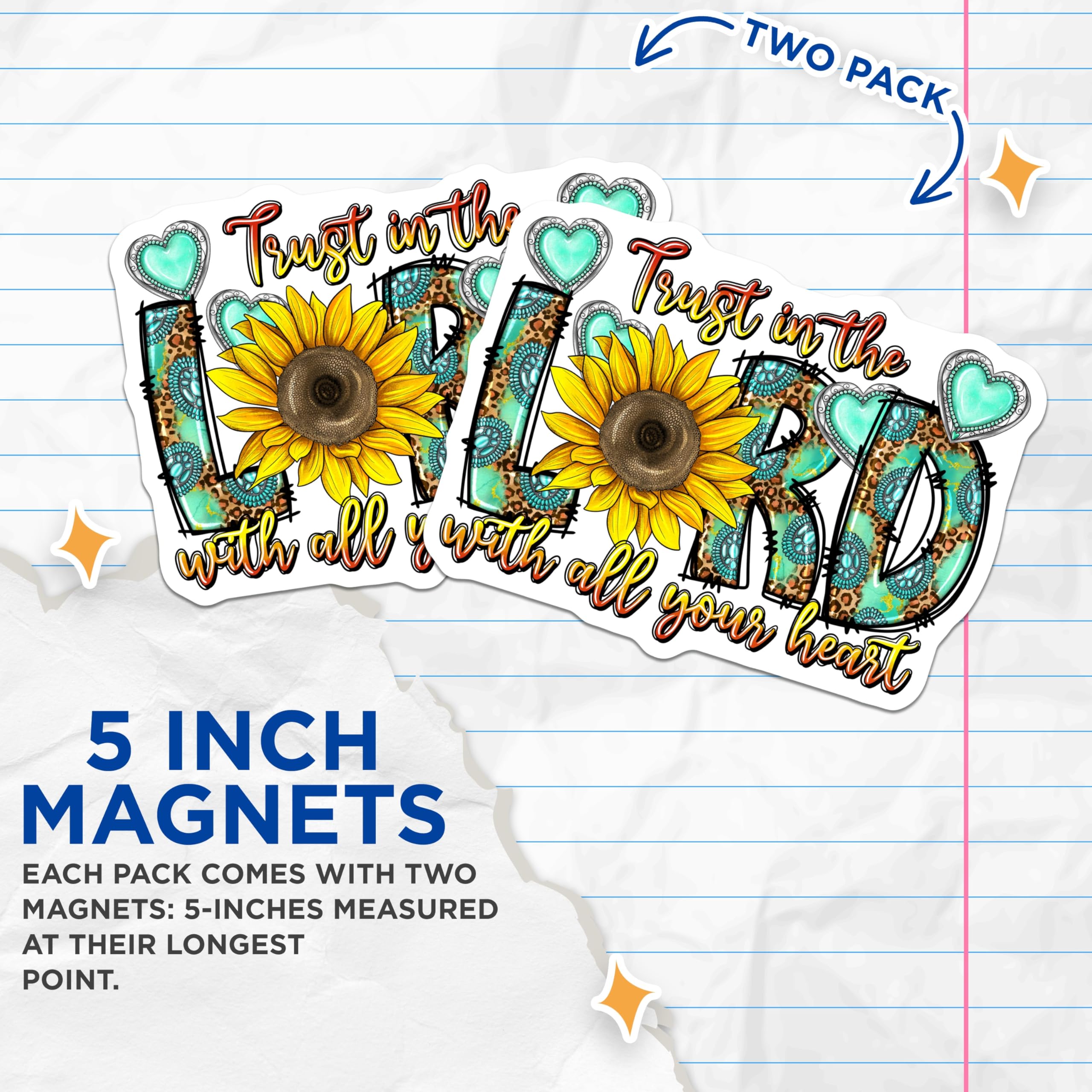 (2 Pack) Christian Faith Magnets - Trust in The Lord Scripture Sunflower Turquoise Leopard Print - 5 Inches On Longest Side - Thick Durable Magnet - Made in USA - MAG28150