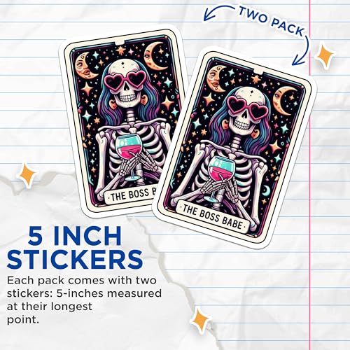 (2 Pack) The Boss Babe Stickers - Skeleton Holding Wine Stickers - Funny Retro Halloween Stickers - 5" On Longest Side - Sticks to Smooth Flat Surfaces - Made in USA - BMCS5358
