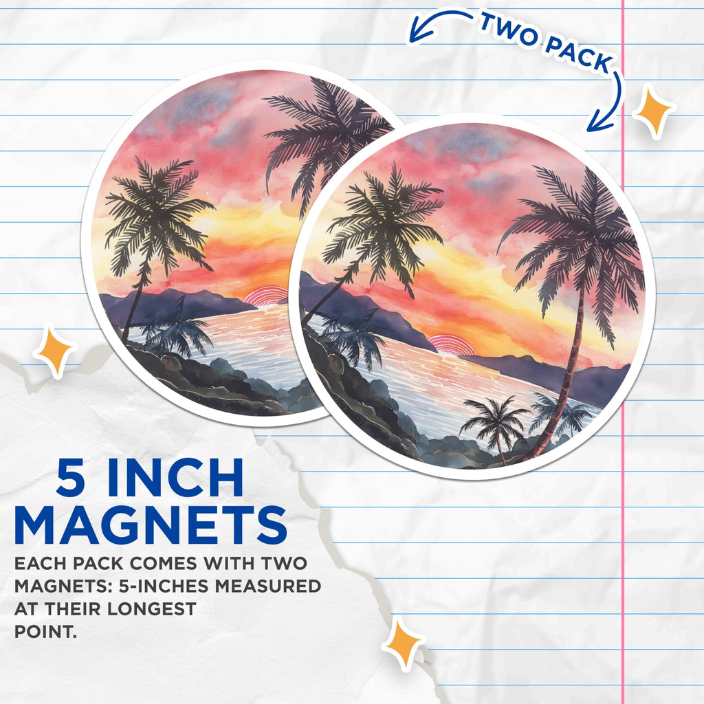 (2 Pack) Tropical Sunset Magnets - Vibrant Watercolor Palm Tree Scene - Serene Island Landscape Art - 5 Inches On Longest Side - Thick Durable Magnet - Made in USA - MAG19815