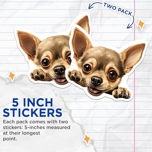 (2 Pack) Cute Dog Stickers - Adorable Chihuahua Sticker - Puppy Illustration Decal - 5" On Longest Side - Sticks to Smooth Flat Surfaces - Made in USA - BMCS9929