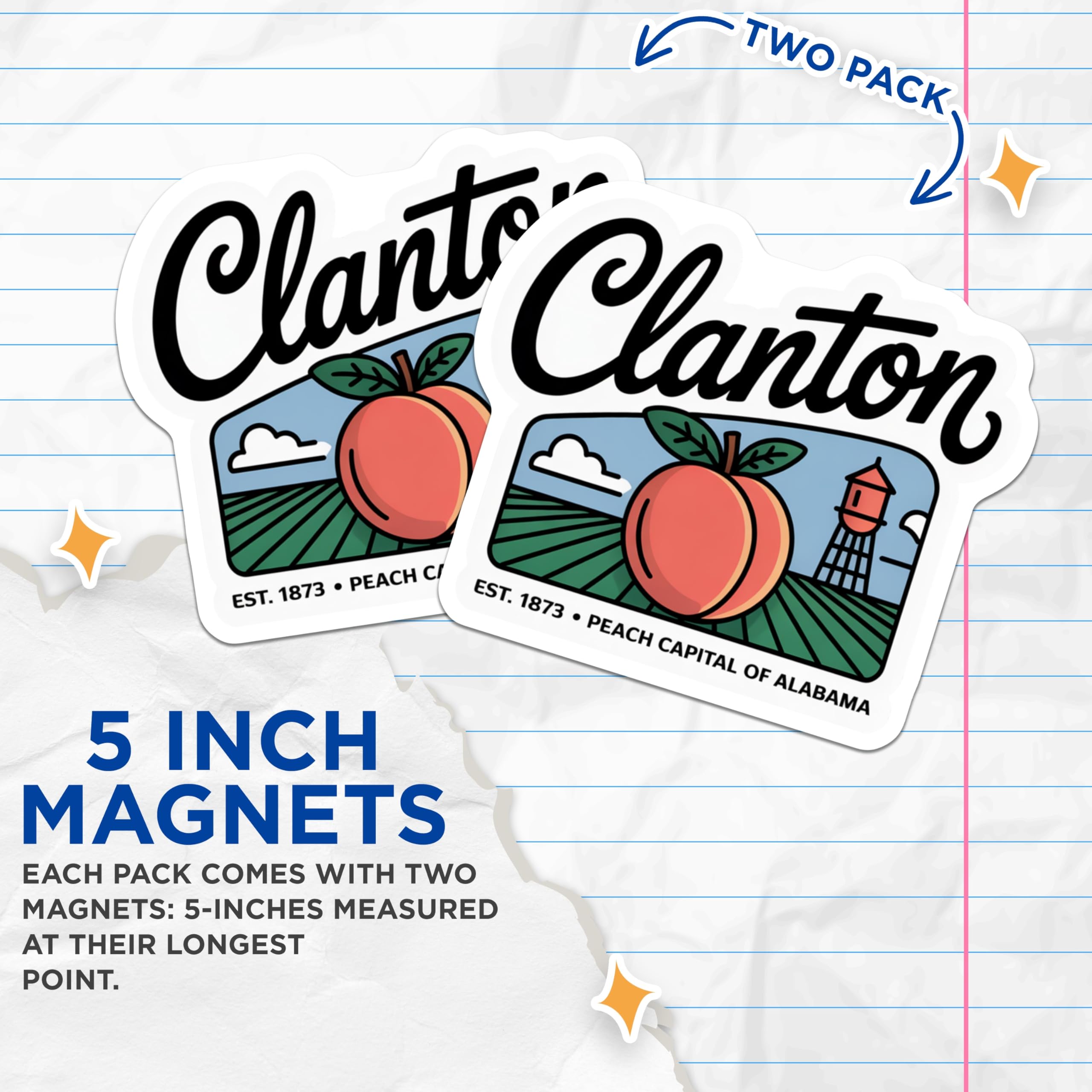 (2 Pack) Clanton Alabama Magnets - Peach Capital - Souvenir Fridge Magnets - 5" On Longest Side - Premium Magnet - for Cars, Refrigerators, Toolboxes, Lockers - Made in USA - MAG17539
