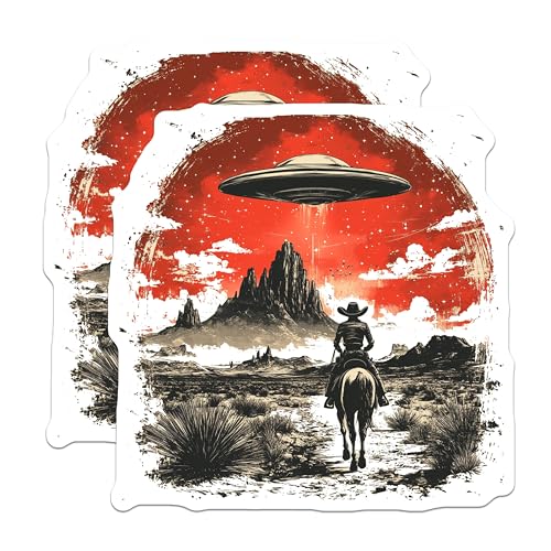 (2 Pack) UFO Cowboy Stickers - Extraterrestrial Western Art Decals - Alien Desert Scene Stickers - 5" On Longest Side - Sticks to Smooth Flat Surfaces - Made in USA - BMCS9944