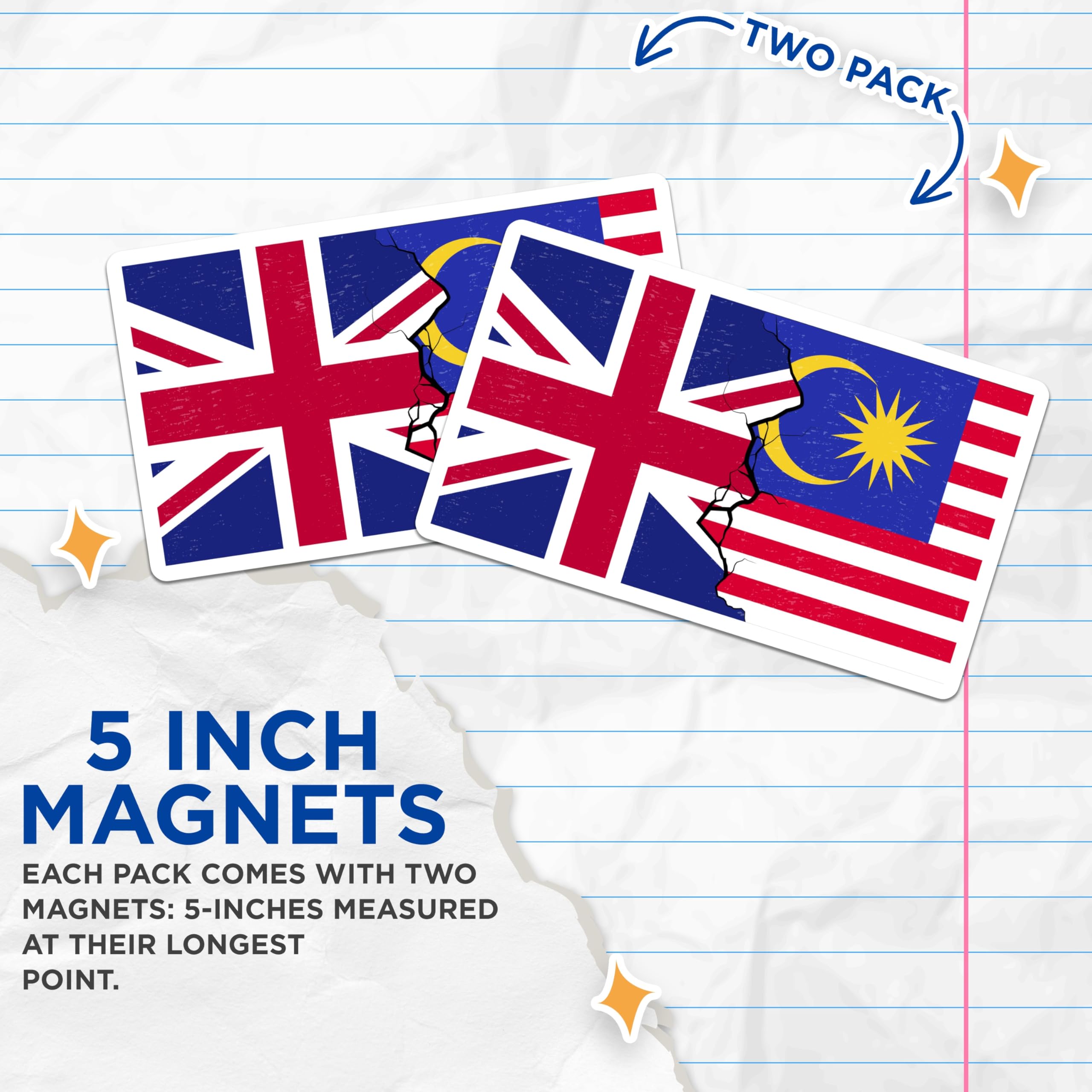 (2 Pack) UK Malaysia Flag Magnets - Union Jack - Malaysian - Political Decor - 5" On Longest Side - Premium Magnet - for Cars, Refrigerators, Toolboxes, Lockers - Made in USA - MAG18941