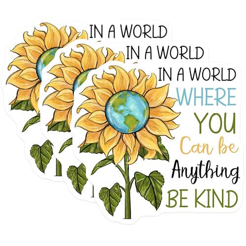 (3 Pack) Sunflower Earth Decals - Be Kind Stickers - Inspirational Quote Decals - 3 Inches On Longest Side - Easy Peel & Apply - Made in USA - 3MCS2969