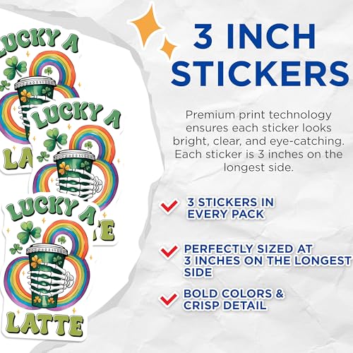 (3 Pack) St Patricks Day Decals - Lucky A Latte - Rainbow Coffee Decals - 3 Inches On Longest Side - Easy Peel & Apply - Made in USA - 3MCS7178