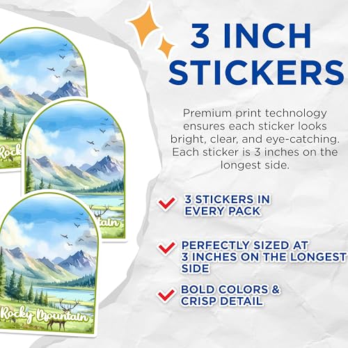 (3 Pack) Rocky Mountain Decals - Deer and Lake - Outdoor Scenery - 3 Inches On Longest Side - Easy Peel & Apply - Made in USA - 3MCS0422