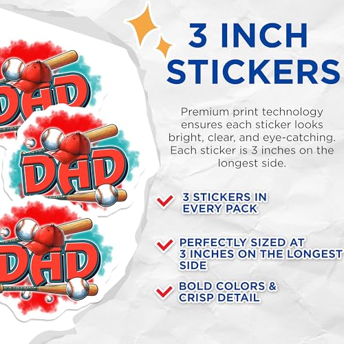 (3 Pack) Baseball Dad Decals - Sports Papa - Baseball Lover Decal - 3 Inches On Longest Side - Easy Peel & Apply - Made in USA - 3MCS6253
