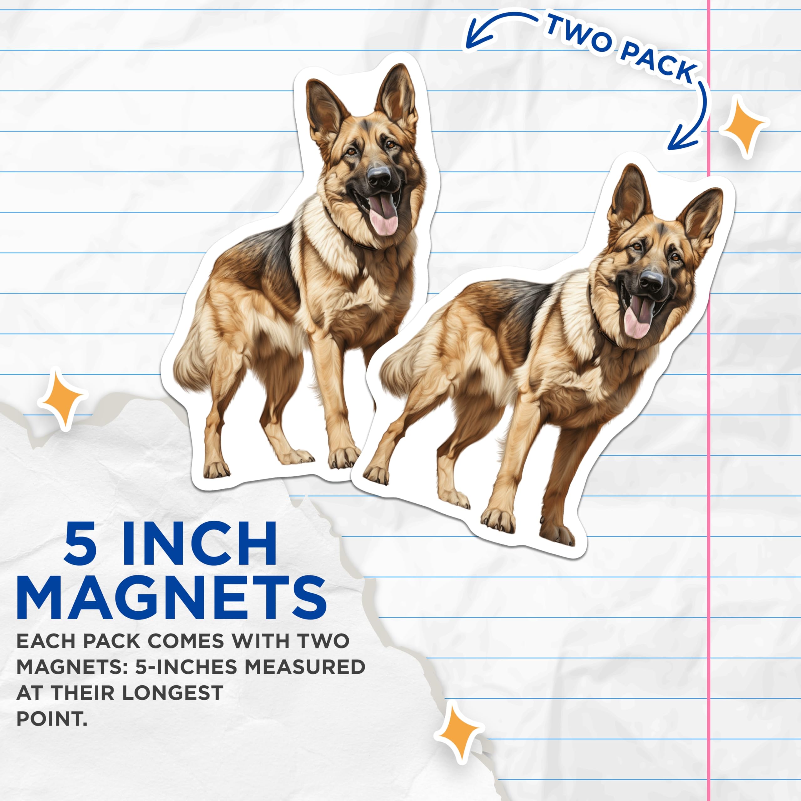 (2 Pack) German Shepherd Magnets - Realistic Dog Lover Refrigerator Decor - Loyal Canine Companion Accent - 5 Inches On Longest Side - Thick Durable Magnet - Made in USA - MAG30505