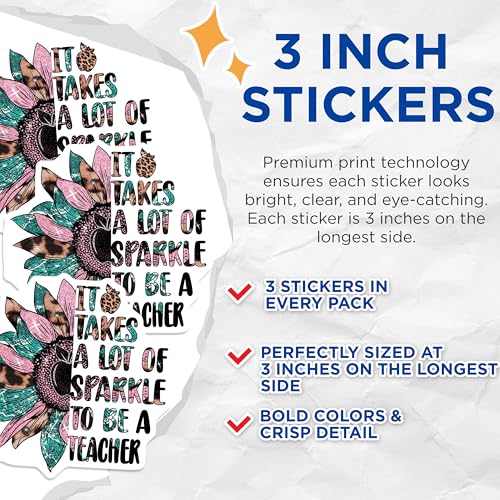 (3 Pack) Teacher Decals - Sunflower Apple - It Takes Sparkle - Laptop Decal - 3 Inches On Longest Side - Easy Peel & Apply - Made in USA - 3MCS2926