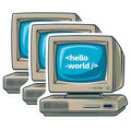 (3 Pack) Hello World Coding Decals - Retro Computer - Programmer Laptop Stickers - 3 Inches On Longest Side - Easy Peel & Apply - Made in USA - 3MCS6184