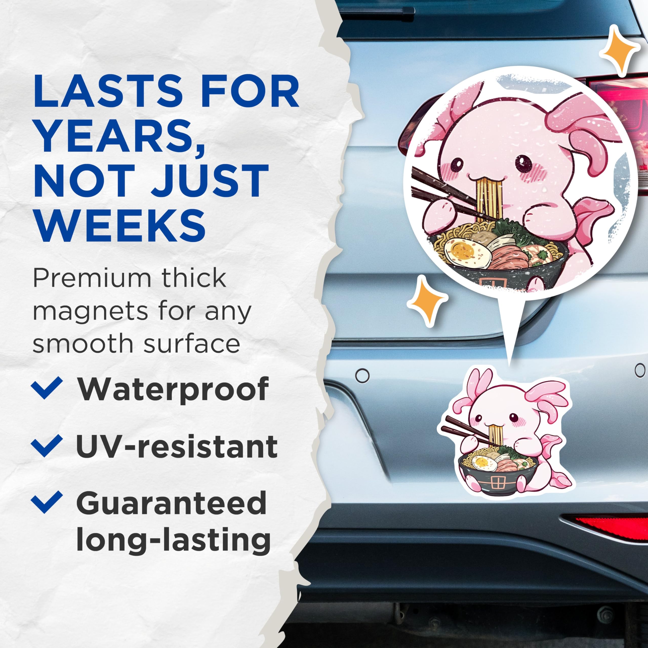 (2 Pack) Cute Axolotl Eating Noodles Magnets - Adorable Kawaii Animals - Ramen Lover Decor - Kitchen Decoration - 5" On Longest Side - for Cars, Fridges, Toolboxes - Made in USA - MAG7775