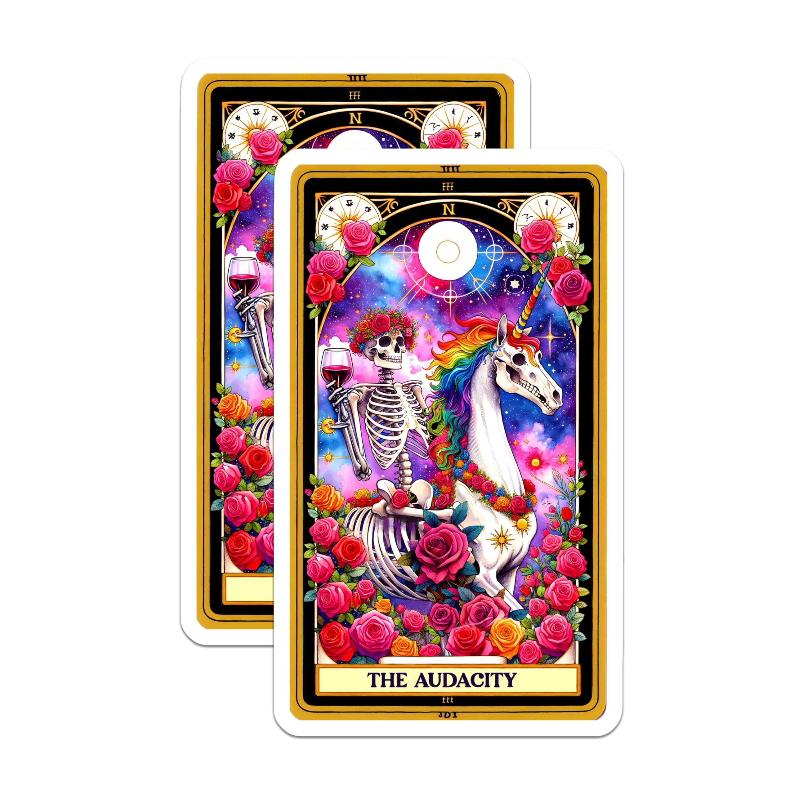(2 Pack) The Audacity Magnets - Skeleton Unicorn Tarot Card - Cosmic Fantasy Art Decor - 5 Inches On Longest Side - Thick Durable Magnet - Made in USA - MAG22640