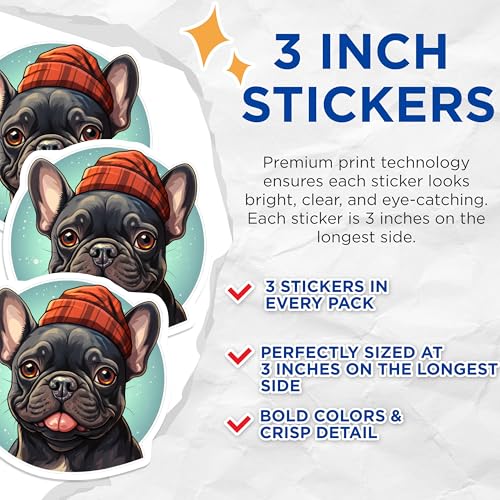 (3 Pack) French Bulldog Decals - Dog with Hat - Cute Puppy Stickers - 3 Inches On Longest Side - Easy Peel & Apply - Made in USA - 3MCS2713