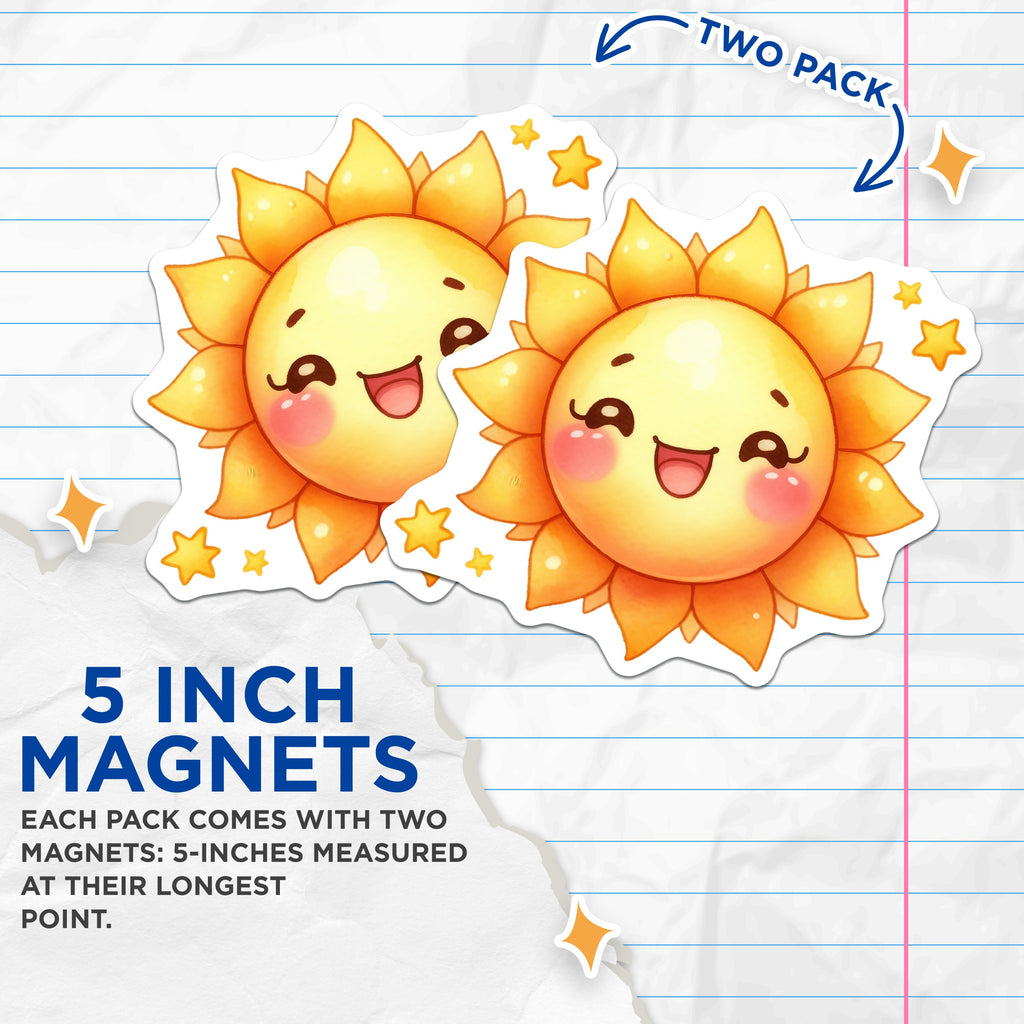 (2 Pack) Kawaii Sun Magnets - Cute Happy Smiling Sun Refrigerator Decor - Positive Vibe Sunny Kitchen Decor - 5 Inches On Longest Side - Thick Durable Magnet - Made in USA - MAG38543