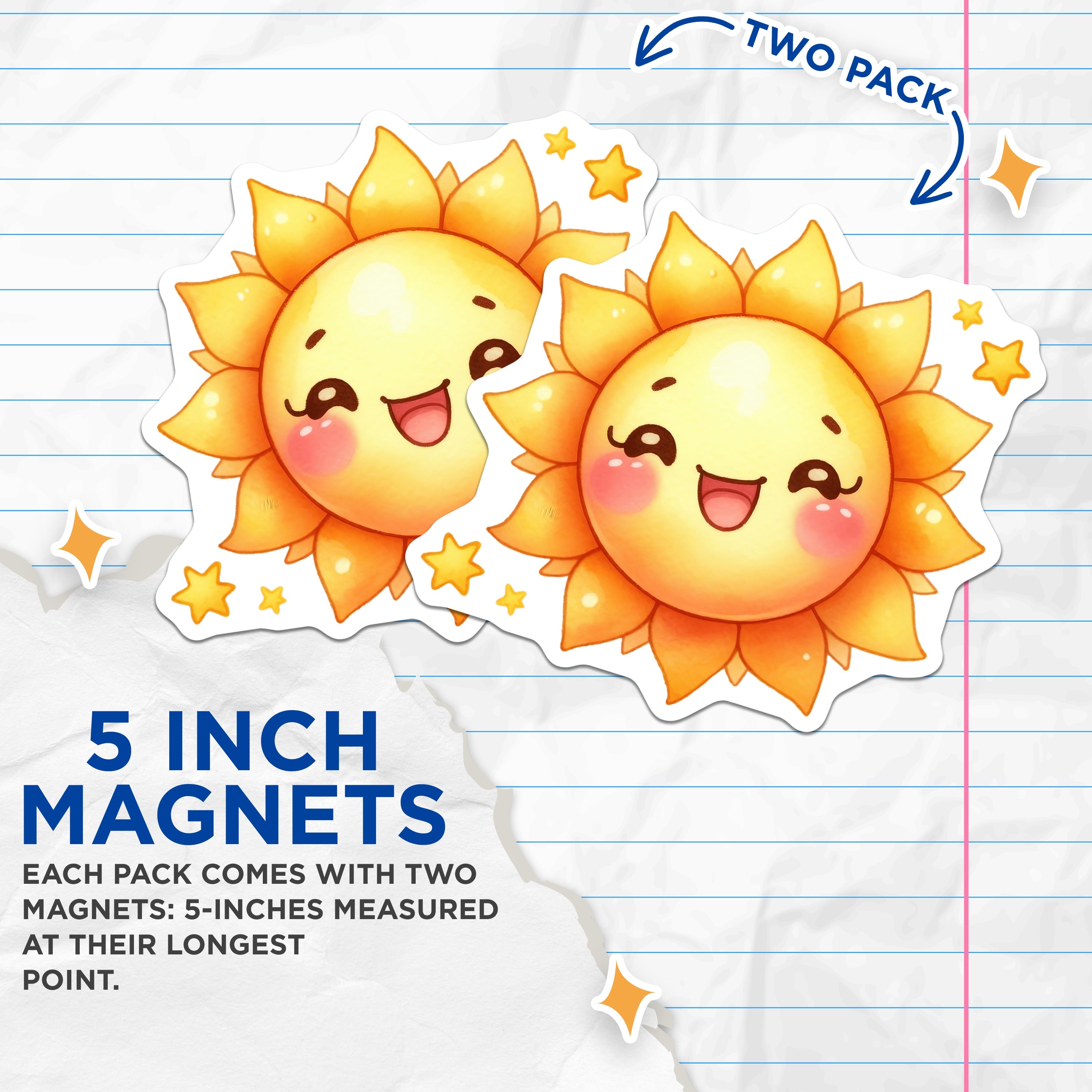 (2 Pack) Kawaii Sun Magnets - Cute Happy Smiling Sun Refrigerator Decor - Positive Vibe Sunny Kitchen Decor - 5 Inches On Longest Side - Thick Durable Magnet - Made in USA - MAG38543