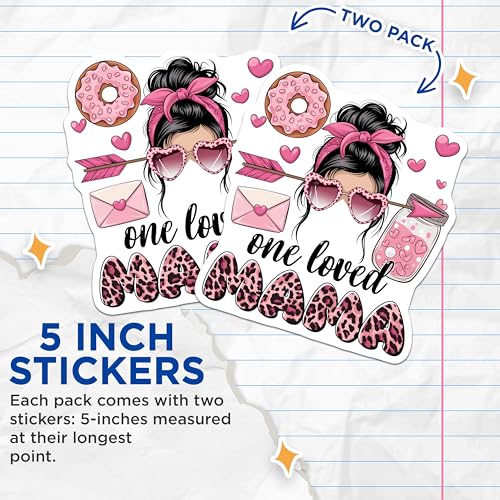 (2 Pack) One Loved Mama Stickers - Heart Sunglasses - Leopard Print - 5" On Longest Side - Sticks to Smooth Flat Surfaces - Made in USA - BMCS7702
