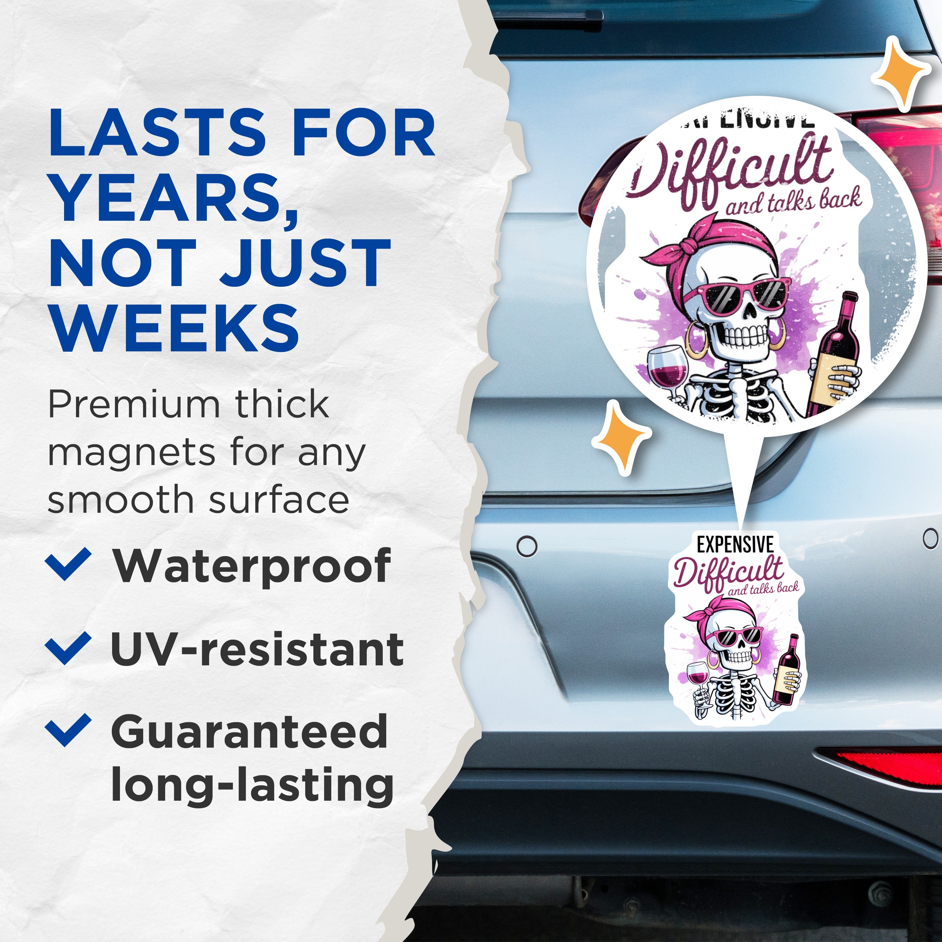 (2 Pack) Sassy Skeleton Magnets - Expensive Difficult Talks Back Humor - Wine Lover Fridge Accessory - 5 Inches On Longest Side - Thick Durable Magnet - Made in USA - MAG37239