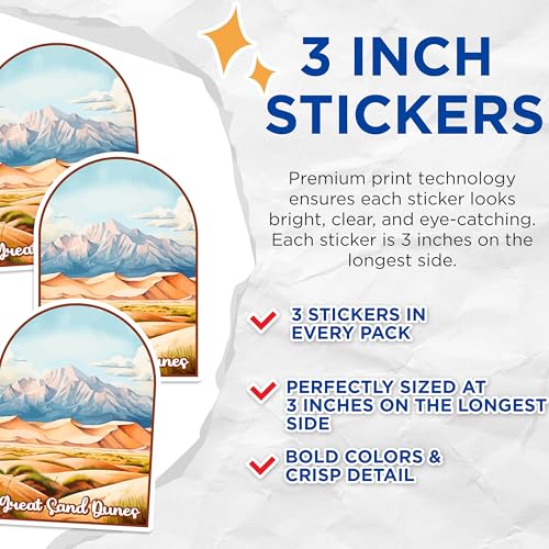 (3 Pack) Great Sand Dunes Decals - Colorado Landscape Decals - Mountain Desert Decal - 3 Inches On Longest Side - Easy Peel & Apply - Made in USA - 3MCS0405