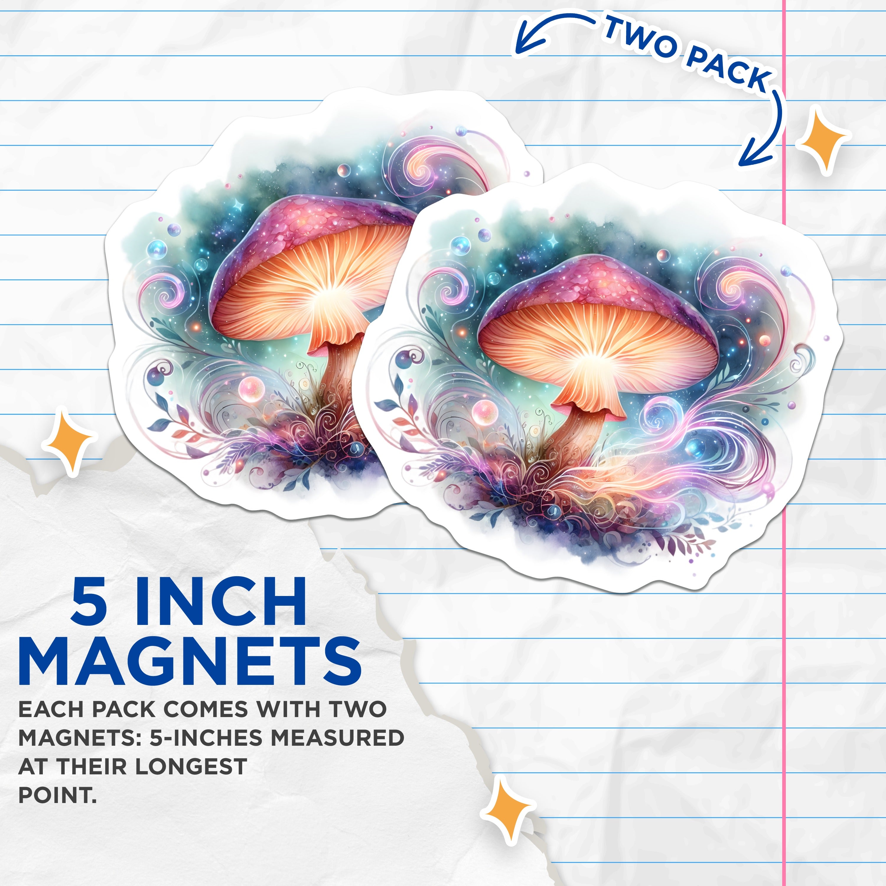(2 Pack) Magical Mushroom Magnets - Celestial Fantasy Art - Whimsical Fairycore Aesthetic Decor for Kitchen - 5 Inches On Longest Side - Thick Durable Magnet - Made in USA - MAG38018