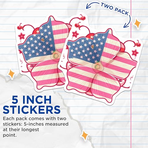 (2 Pack) American Flag Flower Stickers - Patriotic Flower Decal - USA Flag Sticker for Independence Day - 5" On Longest Side - Sticks to Smooth Flat Surfaces - Made in USA - BMCS8972