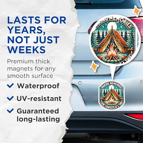 (2 Pack) Making Memories Magnets - Camping Theme - Outdoor Adventure Art - Camper Decor - 5" On Longest Side - for Cars, Fridges, Toolboxes - Made in USA - MAG6934