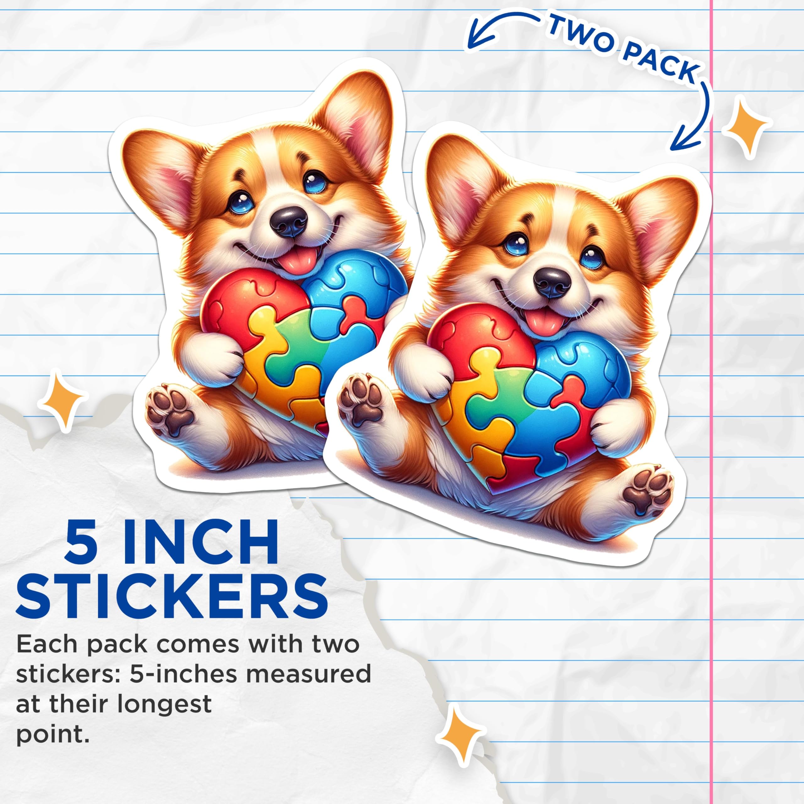 (2 Pack) Cute Corgi Heart Puzzle Stickers - Adorable Dog Art - Fun Animal Design - 5" On Longest Side - Sticks to Smooth Flat Surfaces - Made in USA - BMCS9472
