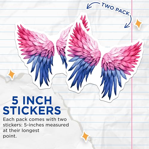 (2 Pack) Winged Art Stickers - Colorful Feather Design - Angel Wing Decor - 5" On Longest Side - Sticks to Smooth Flat Surfaces - Made in USA - BMCS6525