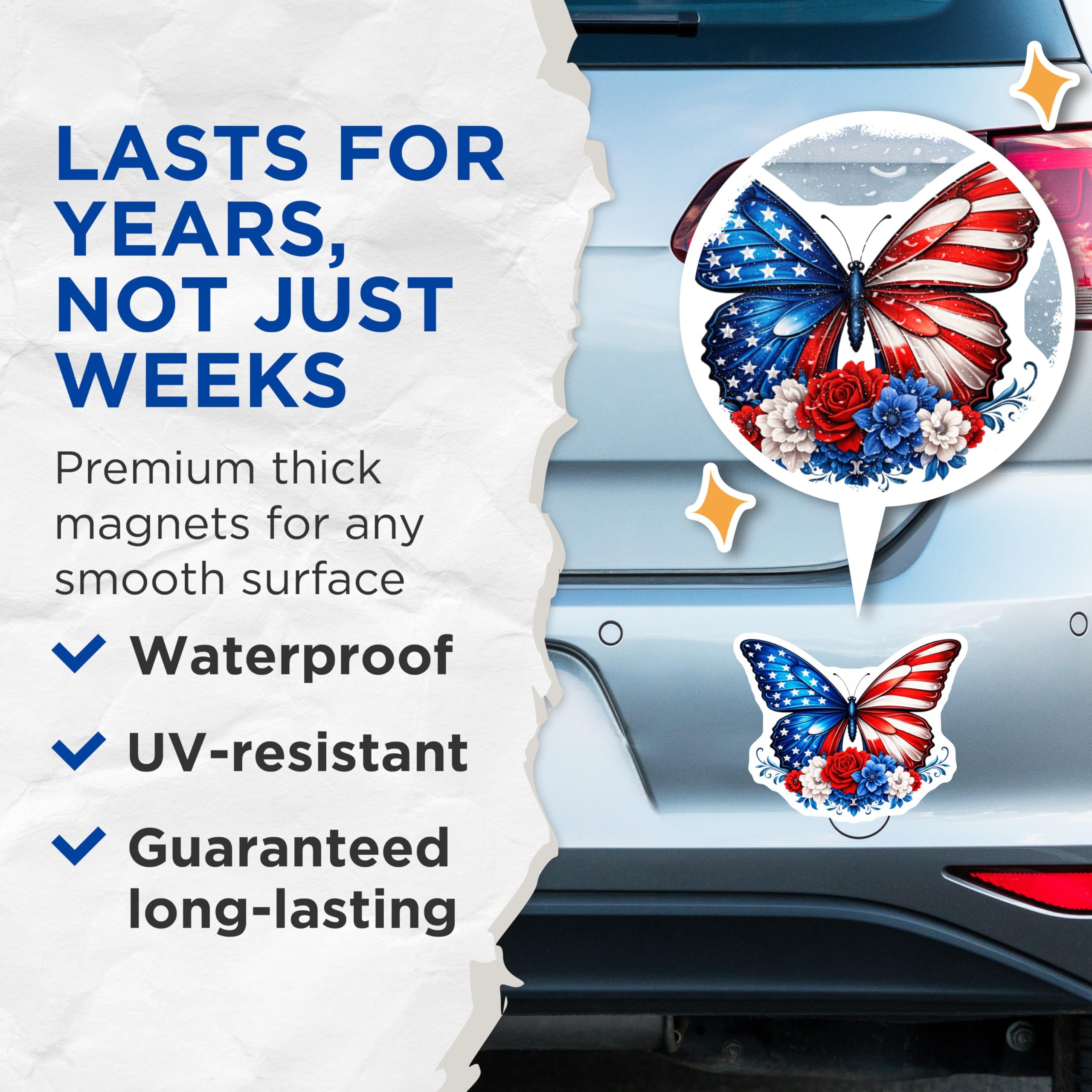 (2 Pack) American Flag Butterfly Magnets - Patriotic Red White Blue Flowers - Independence Day Refrigerator Decoration - 5 Inches On Longest Side - Thick Durable Magnet - Made in USA - MAG23166