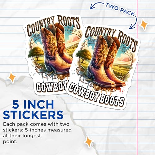 (2 Pack) Country Roots Cowboy Boots Stickers - Western Theme - Vintage Style Stickers - Rustic Art - 5" On Longest Side - Sticks to Smooth Flat Surfaces - Made in USA - BMCS6793