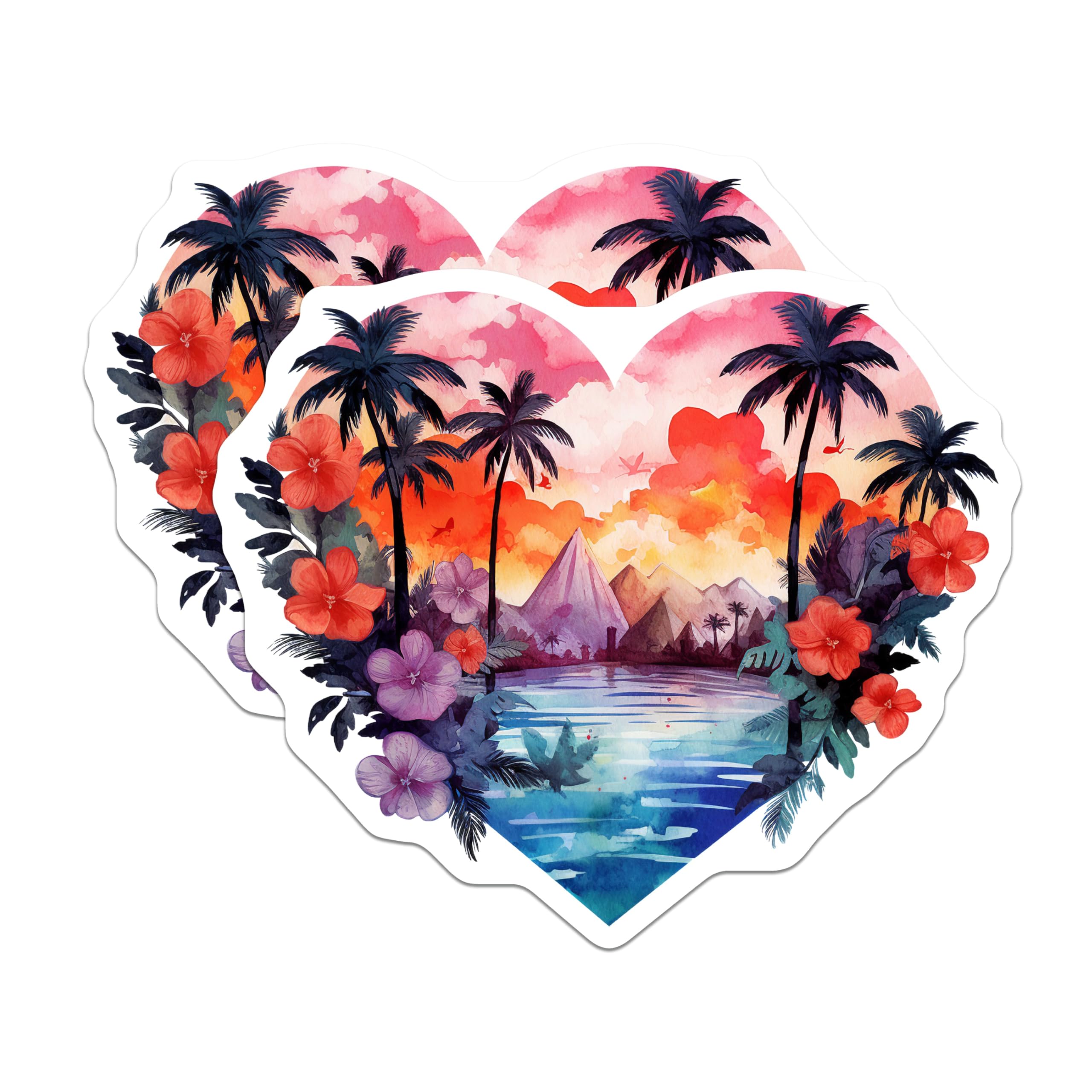 (2 Pack) Watercolor Tropical Magnets - Heart Shaped Island Landscape - Palm Tree Hibiscus Ocean Scene Sunset Decor - 5 Inches On Longest Side - Thick Durable Magnet - Made in USA - MAG19746