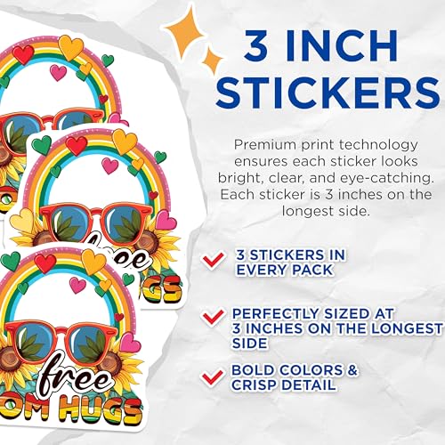 (3 Pack) Mom Hugs Decals - Sunflower Design - Rainbow Hearts Decals - 3 Inches On Longest Side - Easy Peel & Apply - Made in USA - 3MCS7961