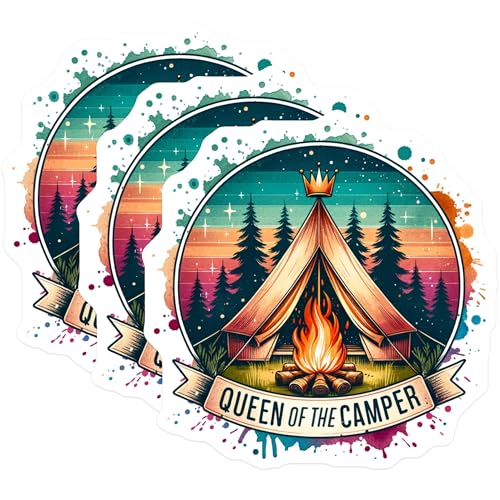 (3 Pack) Queen of The Camper Decals - Camping Decal - Laptop Decal- 3 Inches On Longest Side - Easy Peel & Apply - Made in USA - 3MCS5542