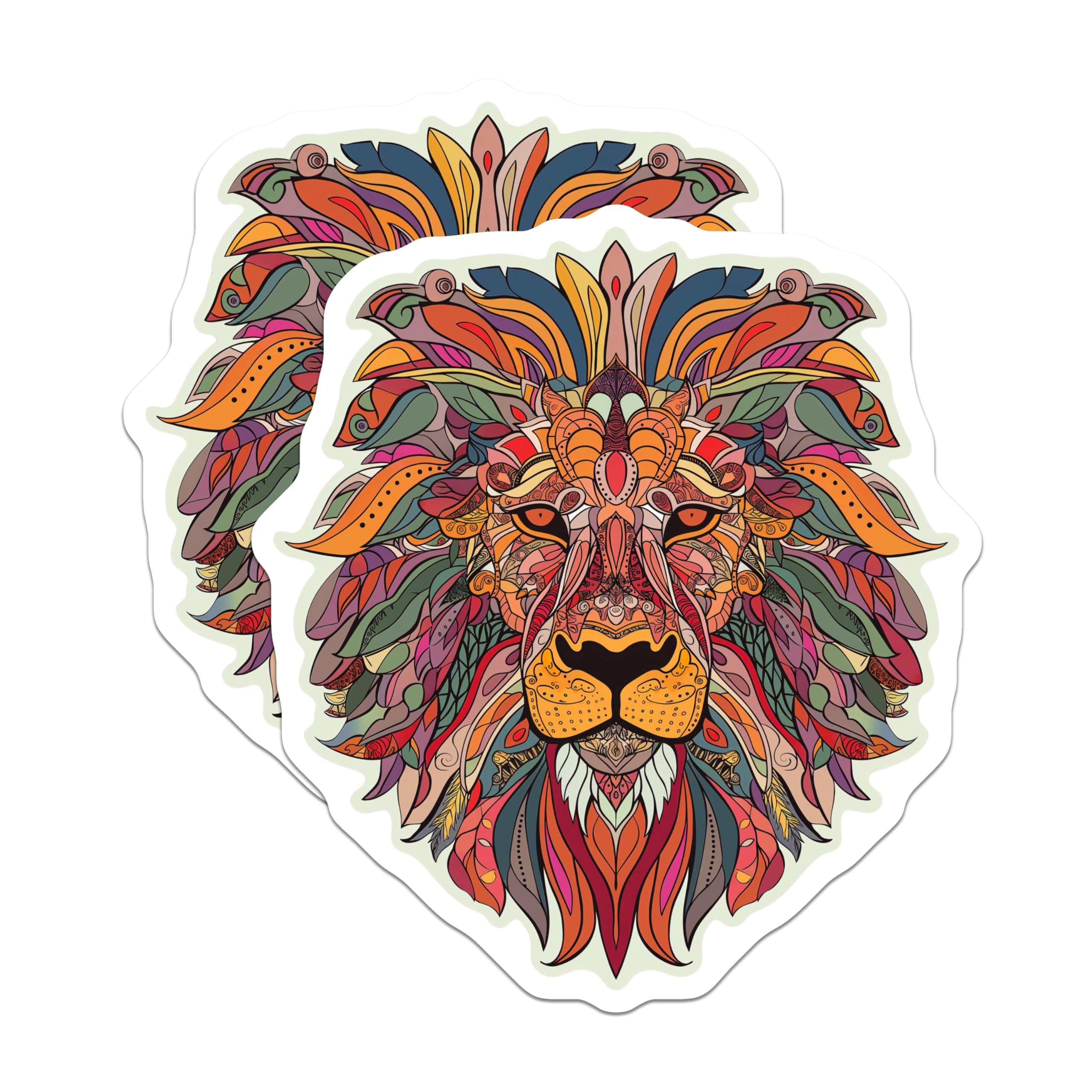 (2 Pack) Intricate Animal Art Stickers - Colorful Lion Head Stickers - Detailed Mandala Design Art Stickers - 5" On Longest Side - Sticks to Smooth Flat Surfaces - Made in USA - BMCS4689
