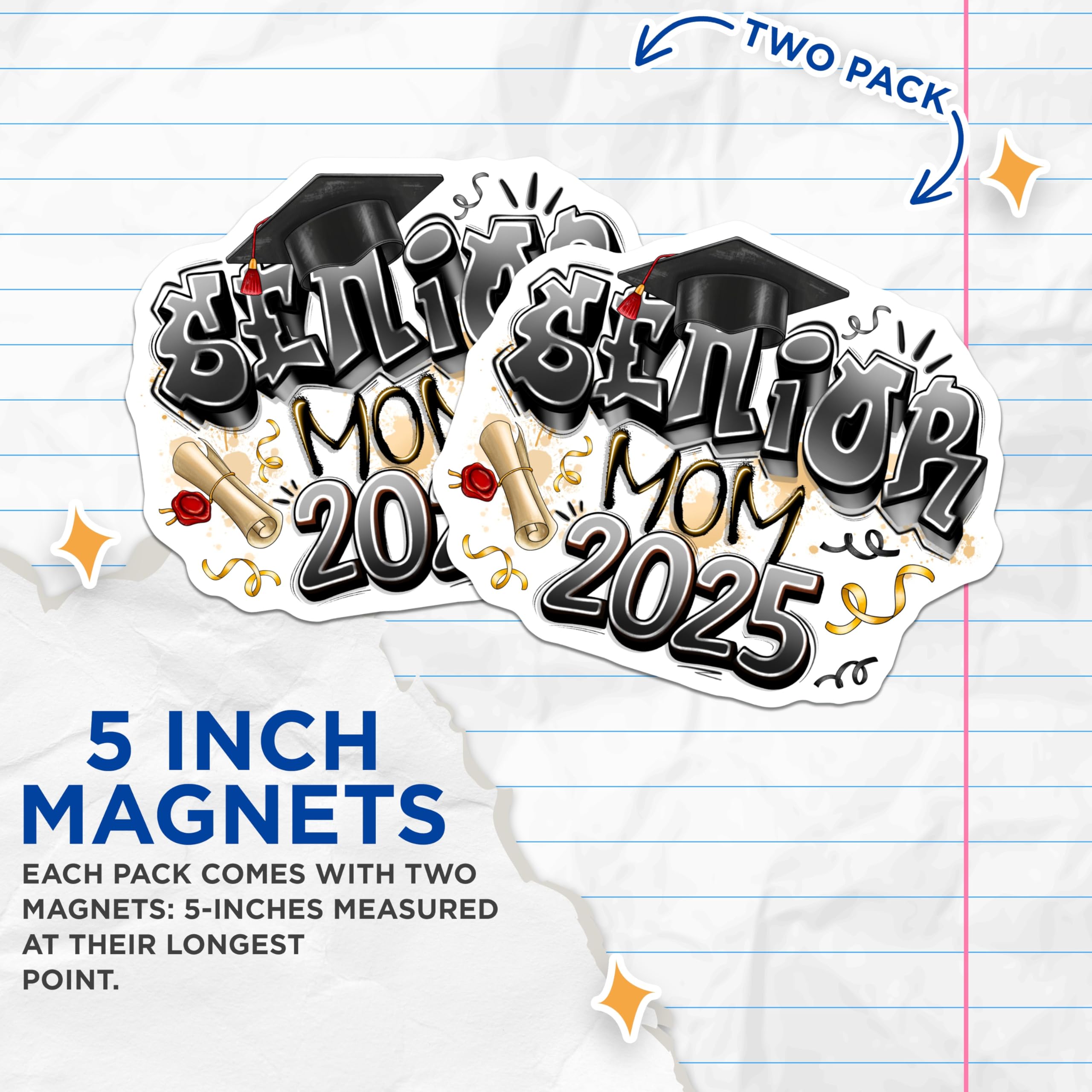 (2 Pack) Senior Mom 2025 Magnets - Proud Parent Graduation Commemorative - High School College Graduate Mothers - 5 Inches On Longest Side - Thick Durable Magnet - Made in USA - MAG30635
