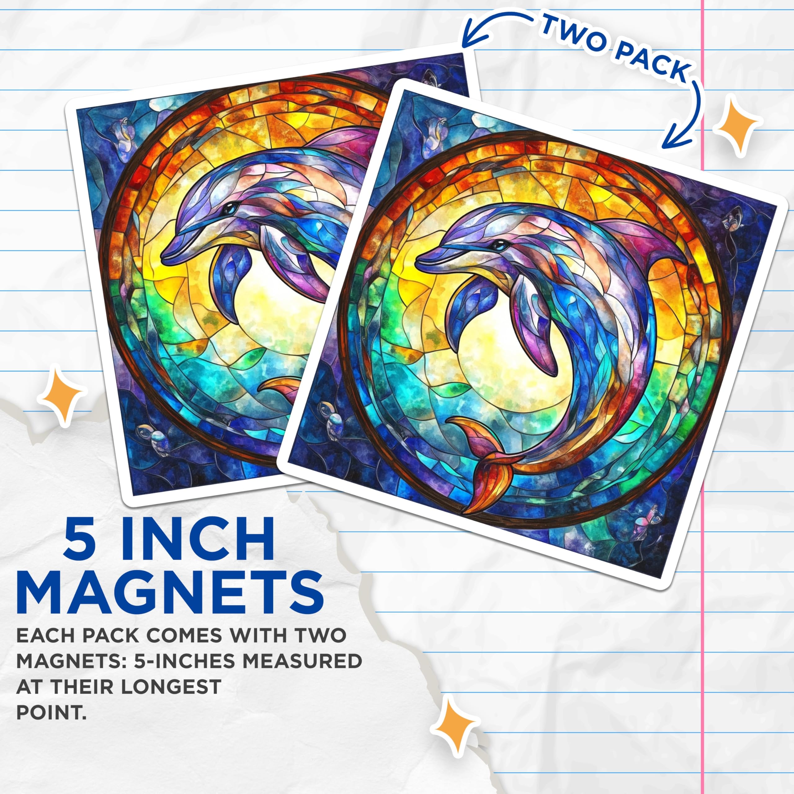 (2 Pack) Stained Glass Dolphin Magnets - Ocean Lover Decor - Coastal Kitchen Accessory - 5 Inches On Longest Side - Thick Durable Magnet - Made in USA - MAG28084