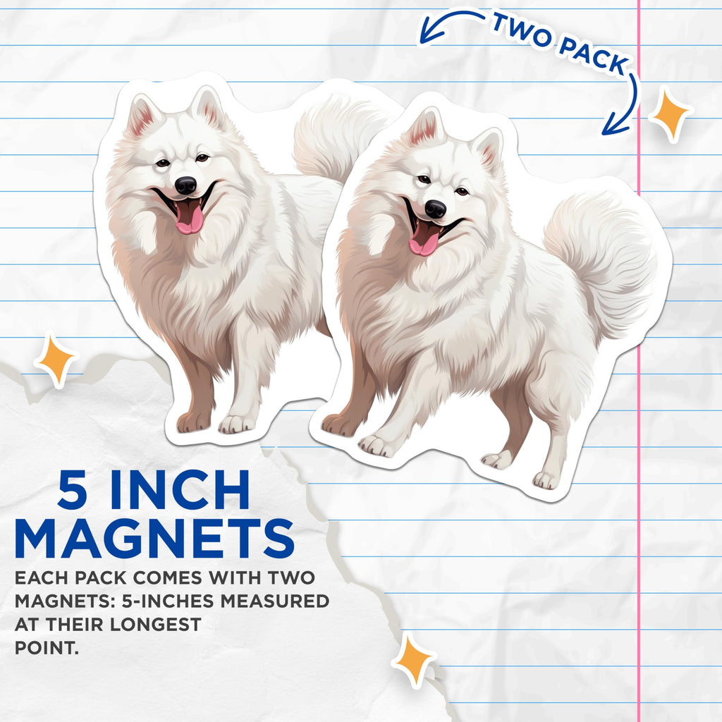 (2 Pack) Samoyed Dog Magnets - Cute White Fluffy Dog Art - Pet Lover Refrigerator Decor - Samoyed Owner Doggie Happy Smile - 5 Inches On Longest Side - Thick Durable Magnet - Made in USA - MAG28695