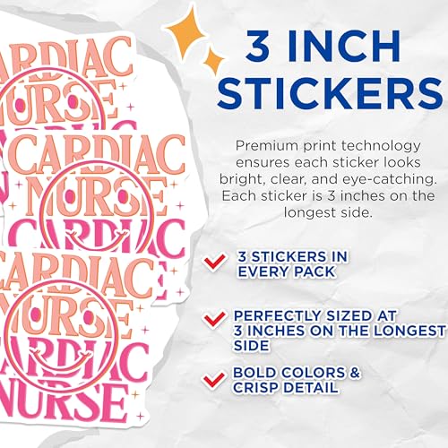 (3 Pack) Cardiac Nurse Decals - Smiley Face Decal - Nurse Laptop Decals - 3 Inches On Longest Side - Easy Peel & Apply - Made in USA - 3MCS7892