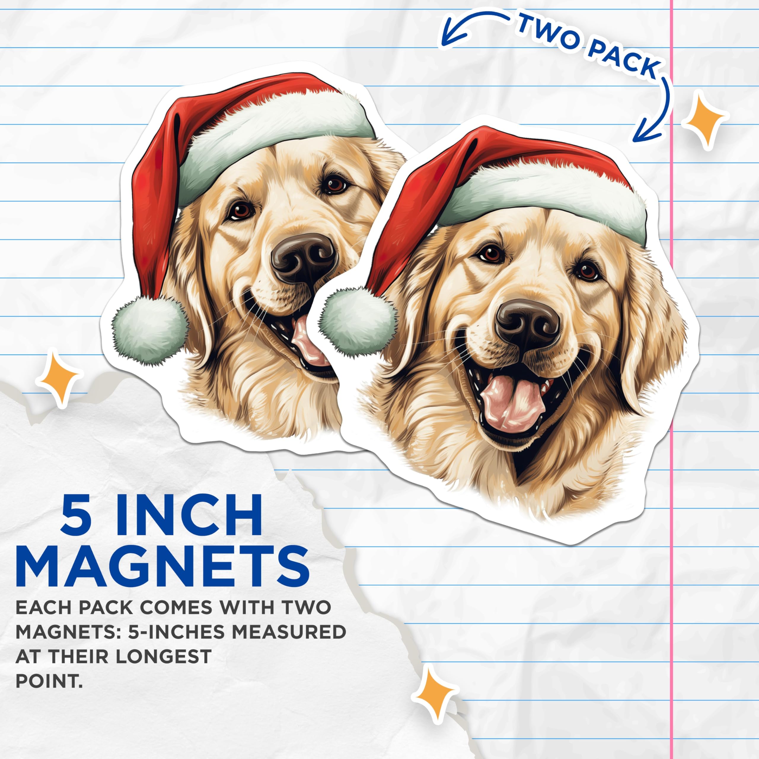 (2 Pack) Golden Retriever Magnets - Christmas Dog Decor - Santa Hat Pet Holiday - 5 Inches On Longest Side - Thick Durable Magnet - Made in USA - MAG24349