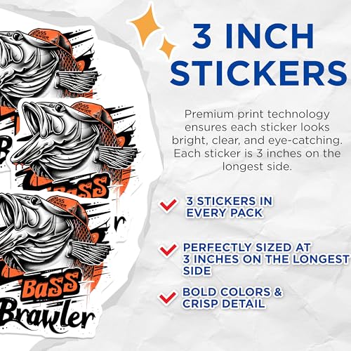 (3 Pack) Bass Brawler Decals - Fishing Decal - Laptop Decal - 3 Inches On Longest Side - Easy Peel & Apply - Made in USA - 3MCS2134