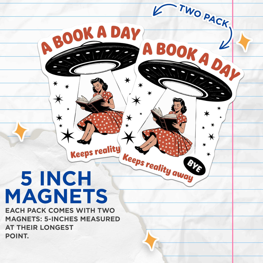 (2 Pack) Bookish Reader Magnets - Funny UFO Abduction Literary Art - Vintage Sarcastic Book Worm Magnets - 5 Inches On Longest Side - Thick Durable Magnet - Made in USA - MAG22088