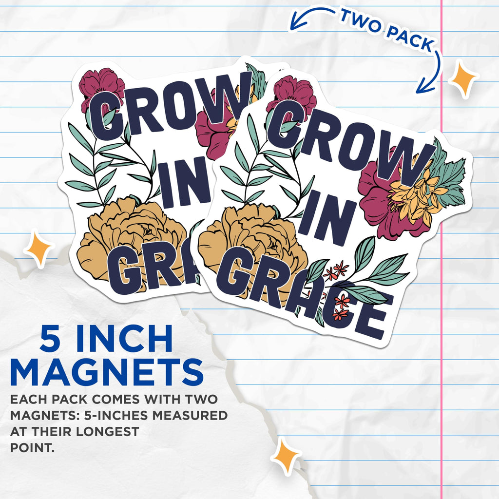 (2 Pack) Grow in Grace Magnets - Floral Inspirational Fridge Decor - Encouragement Magnets - 5" On Longest Side - Premium Magnet - for Cars, Refrigerators, Toolboxes, Lockers - Made in USA - MAG15606