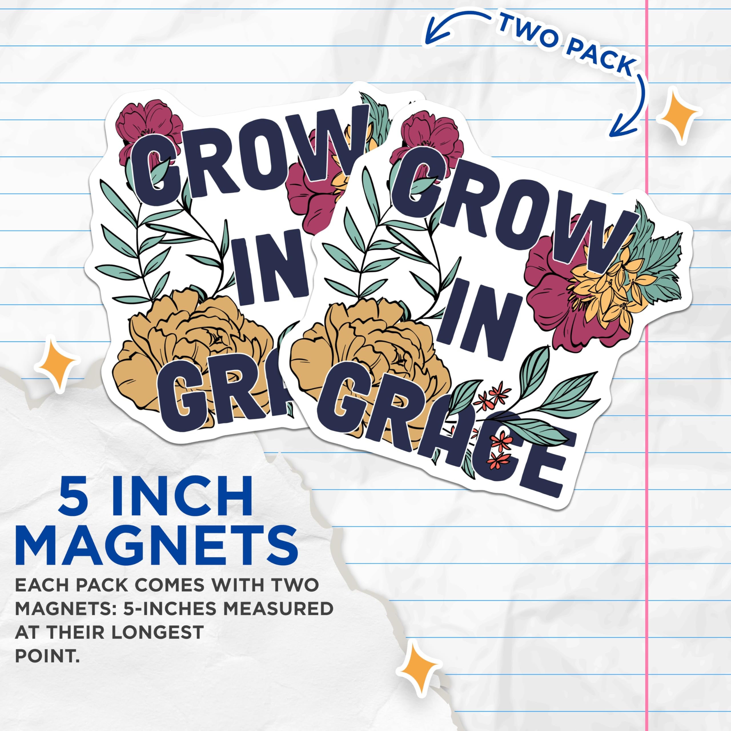(2 Pack) Grow in Grace Magnets - Floral Inspirational Fridge Decor - Encouragement Magnets - 5" On Longest Side - Premium Magnet - for Cars, Refrigerators, Toolboxes, Lockers - Made in USA - MAG15606