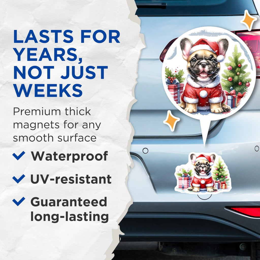 (2 Pack) French Bulldog Christmas Magnets - Santa Puppy Holiday Decor - Cute Frenchie Dog Lover Stocking Stuffer - 5 Inches On Longest Side - Thick Durable Magnet - Made in USA - MAG26864